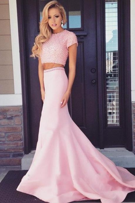 Pearl Beaded Short Sleeves Long Pink 2 Piece Prom Dresses Mermaid Prom Dresses 2016 Two Pieces Prom Dress Graduation Dresses